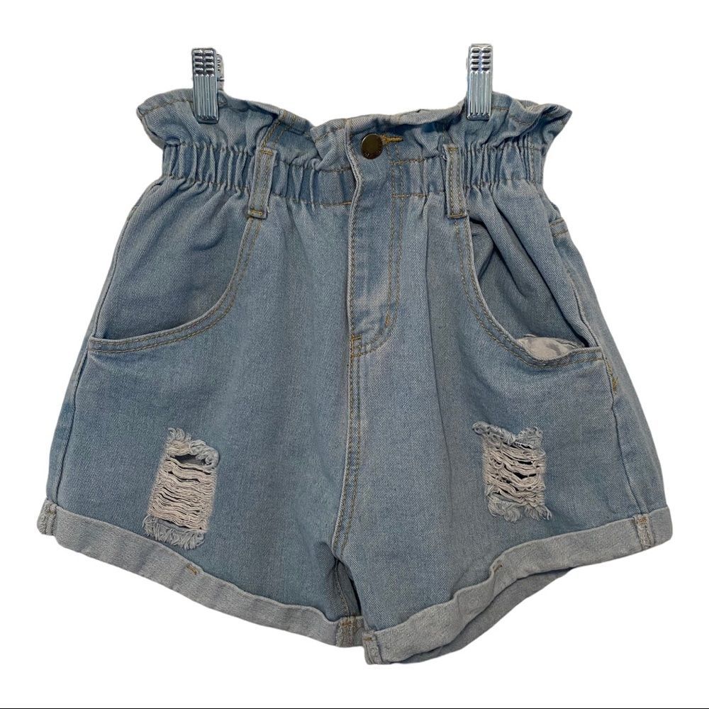 Shein light wash high waist distressed elastic waist denim jean shorts sz medium